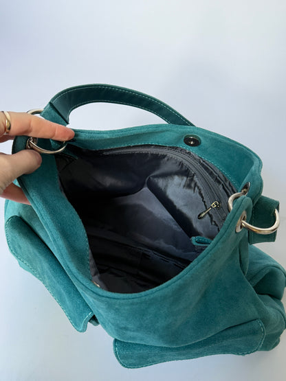 Blue Suede Hobo Bag with Twin Front Pockets