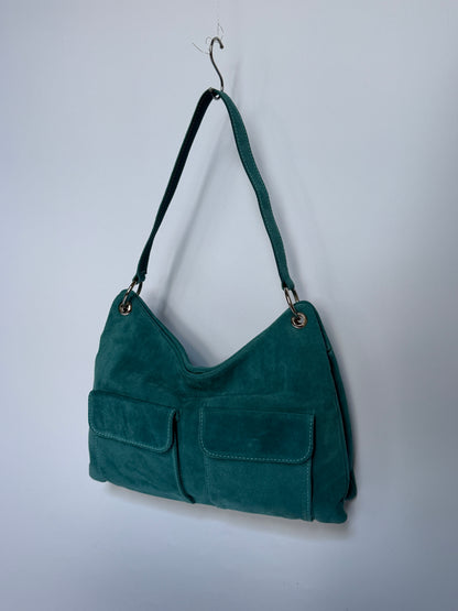 Blue Suede Hobo Bag with Twin Front Pockets