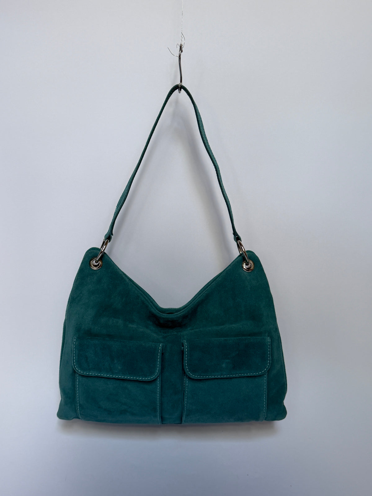 Blue Suede Hobo Bag with Twin Front Pockets