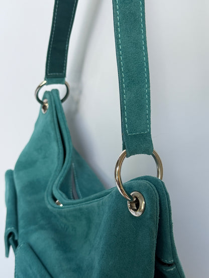 Blue Suede Hobo Bag with Twin Front Pockets