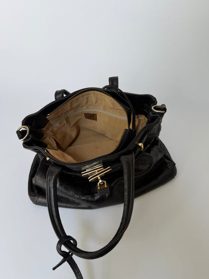 Black Croc-Embossed Leather Satchel with Gold Lock Detail