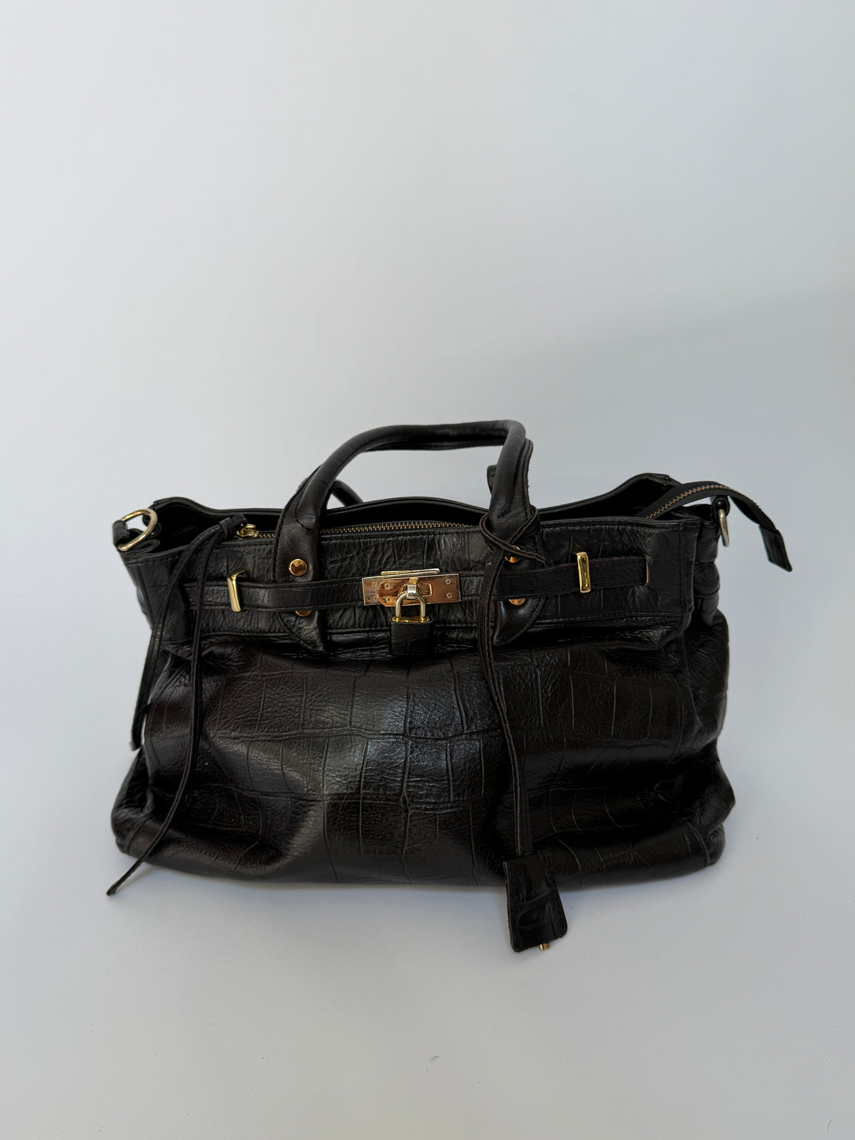 Black Croc-Embossed Leather Satchel with Gold Lock Detail