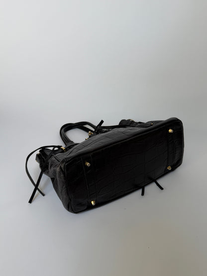 Black Croc-Embossed Leather Satchel with Gold Lock Detail