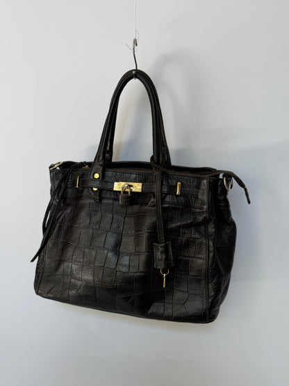 Black Croc-Embossed Leather Satchel with Gold Lock Detail