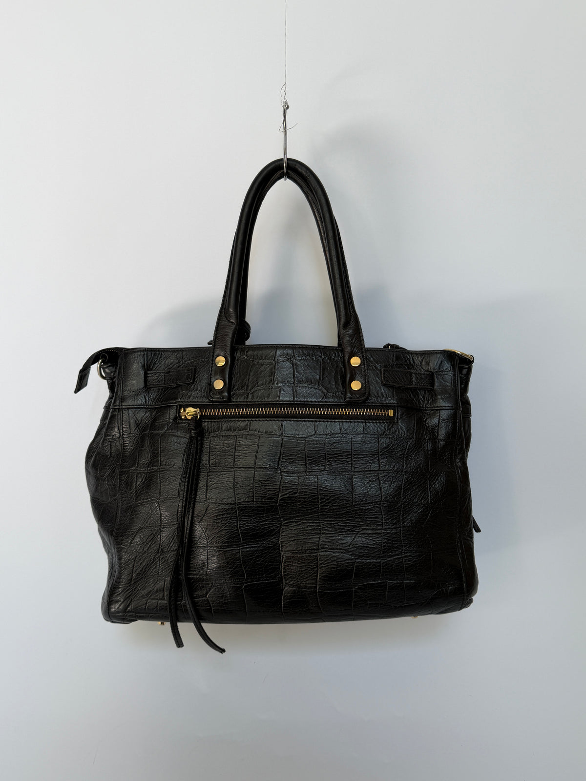Black Croc-Embossed Leather Satchel with Gold Lock Detail