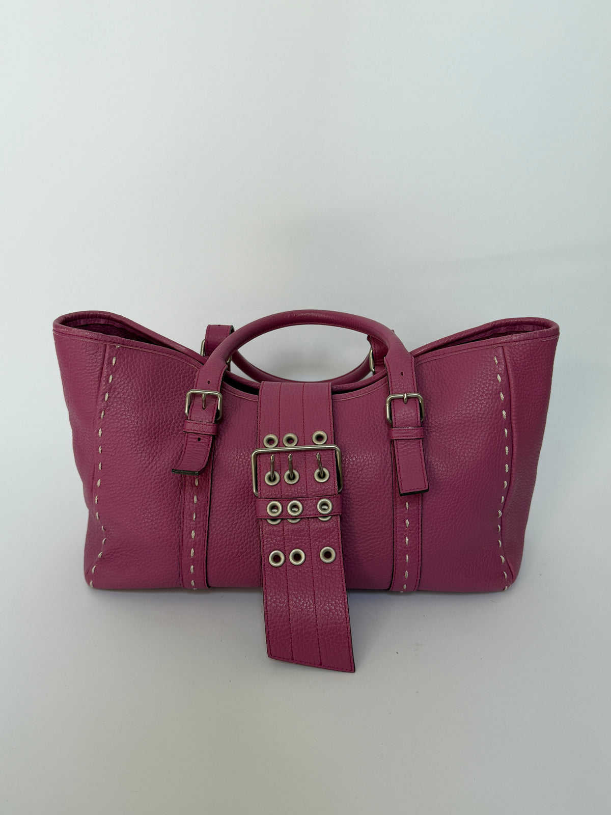 Magenta Leather Tote with Grommet Buckle Strap