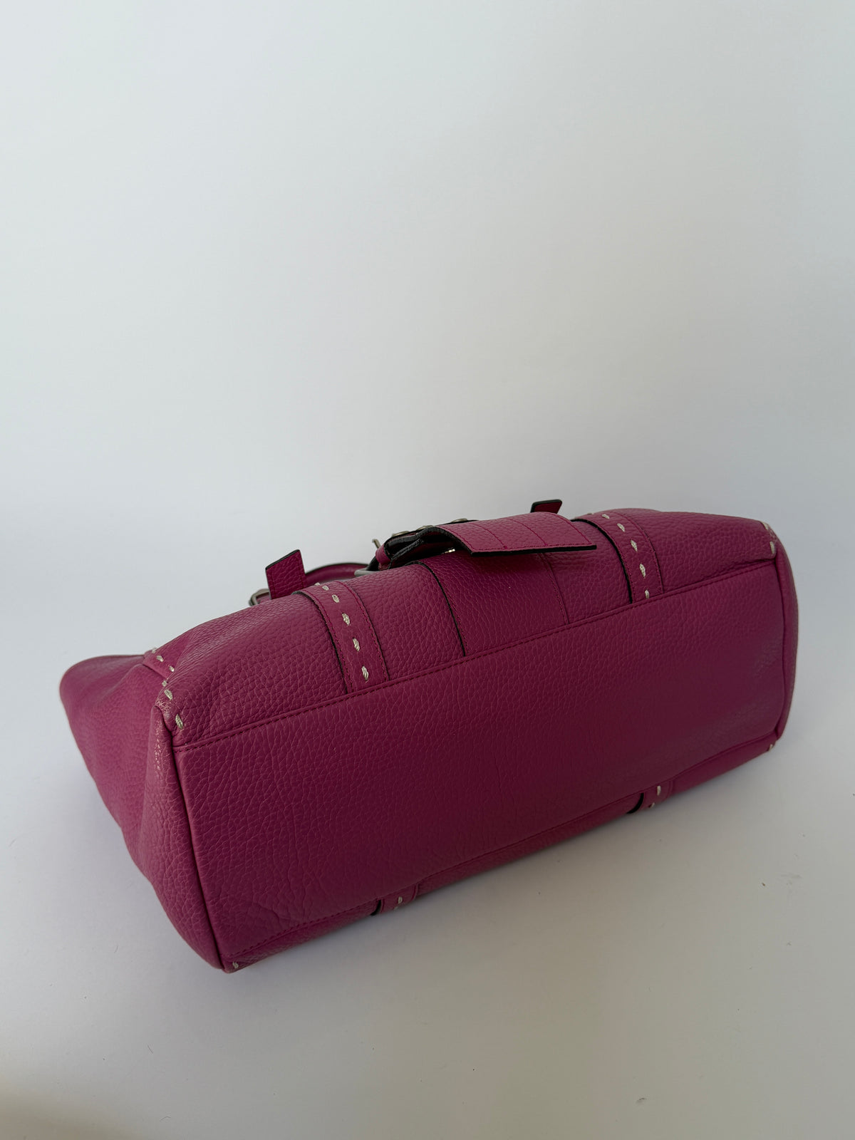 Magenta Leather Tote with Grommet Buckle Strap