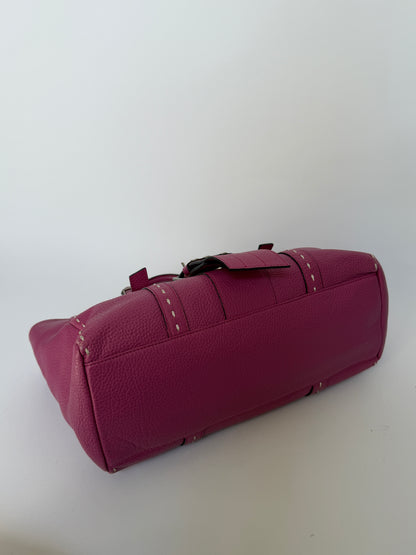 Magenta Leather Tote with Grommet Buckle Strap