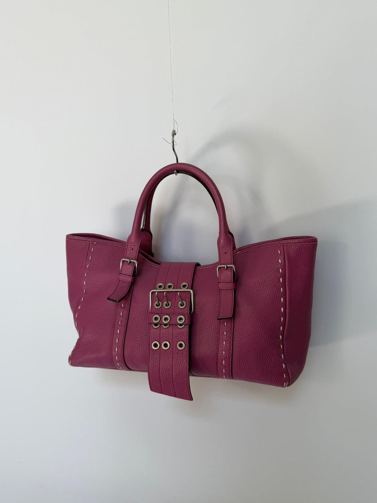 Magenta Leather Tote with Grommet Buckle Strap