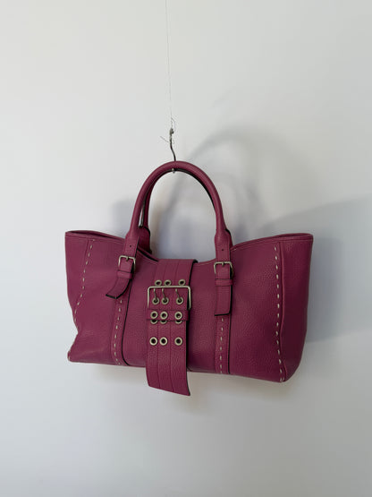 Magenta Leather Tote with Grommet Buckle Strap