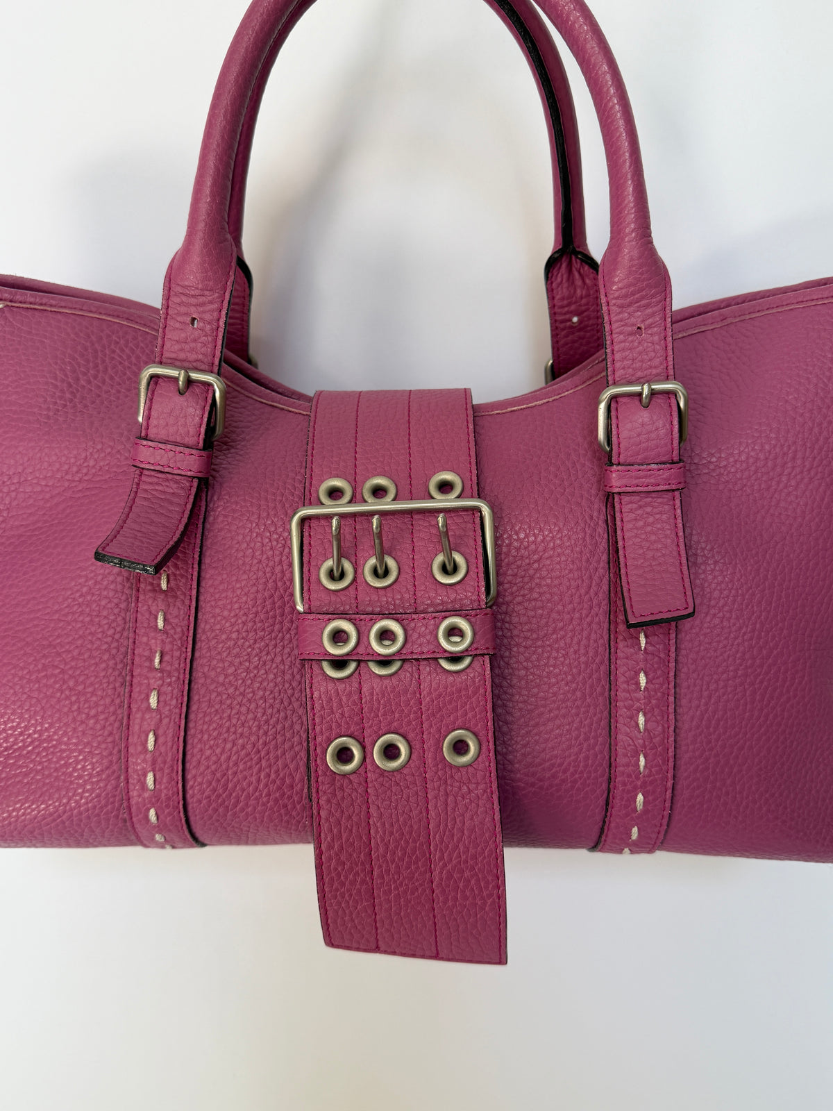 Magenta Leather Tote with Grommet Buckle Strap