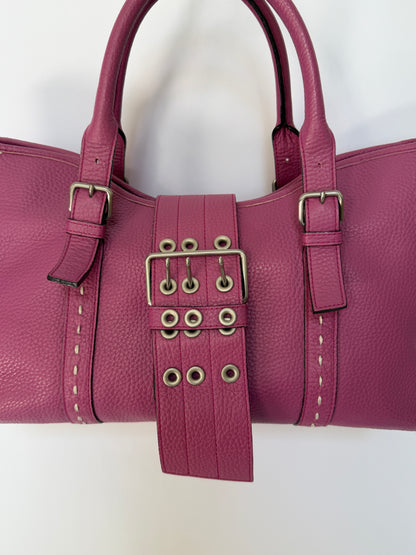 Magenta Leather Tote with Grommet Buckle Strap