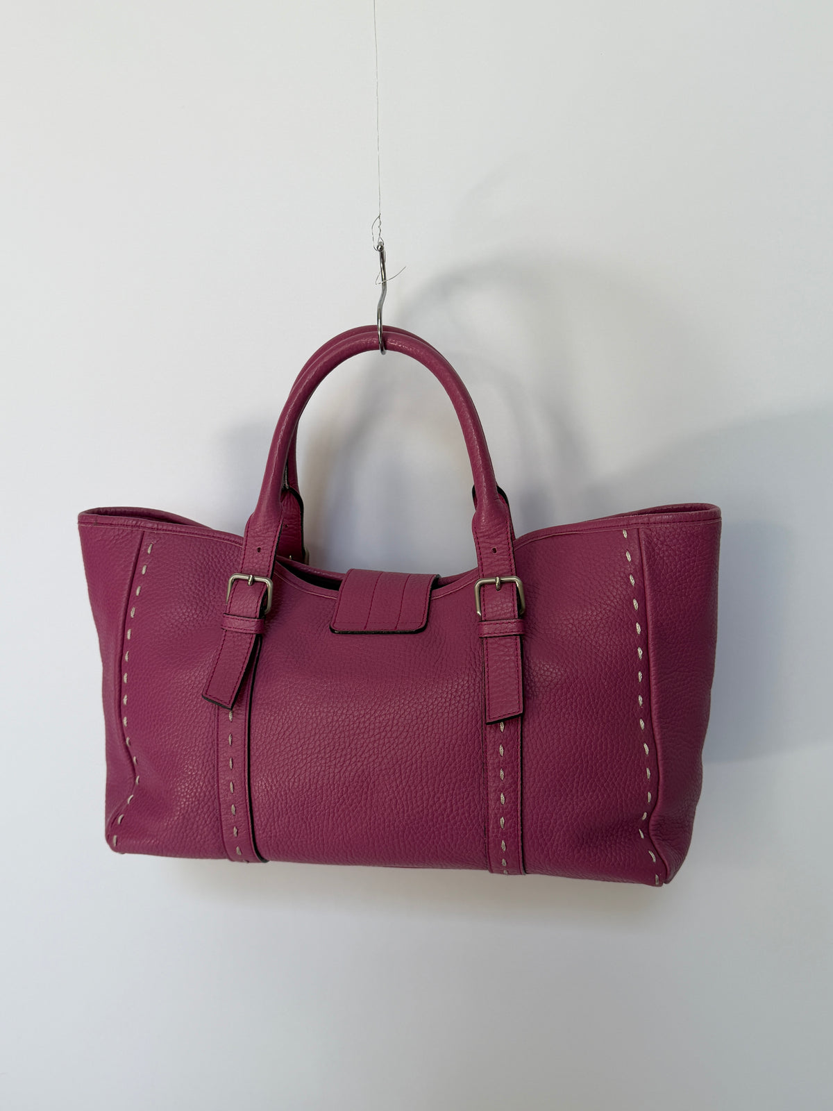 Magenta Leather Tote with Grommet Buckle Strap