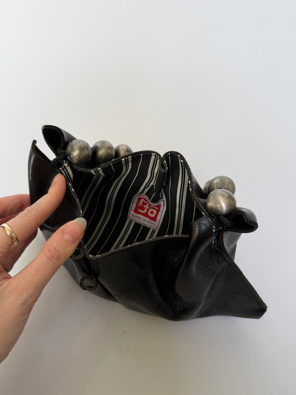Black Leather Mini Party Bag with Silver Bead Handle