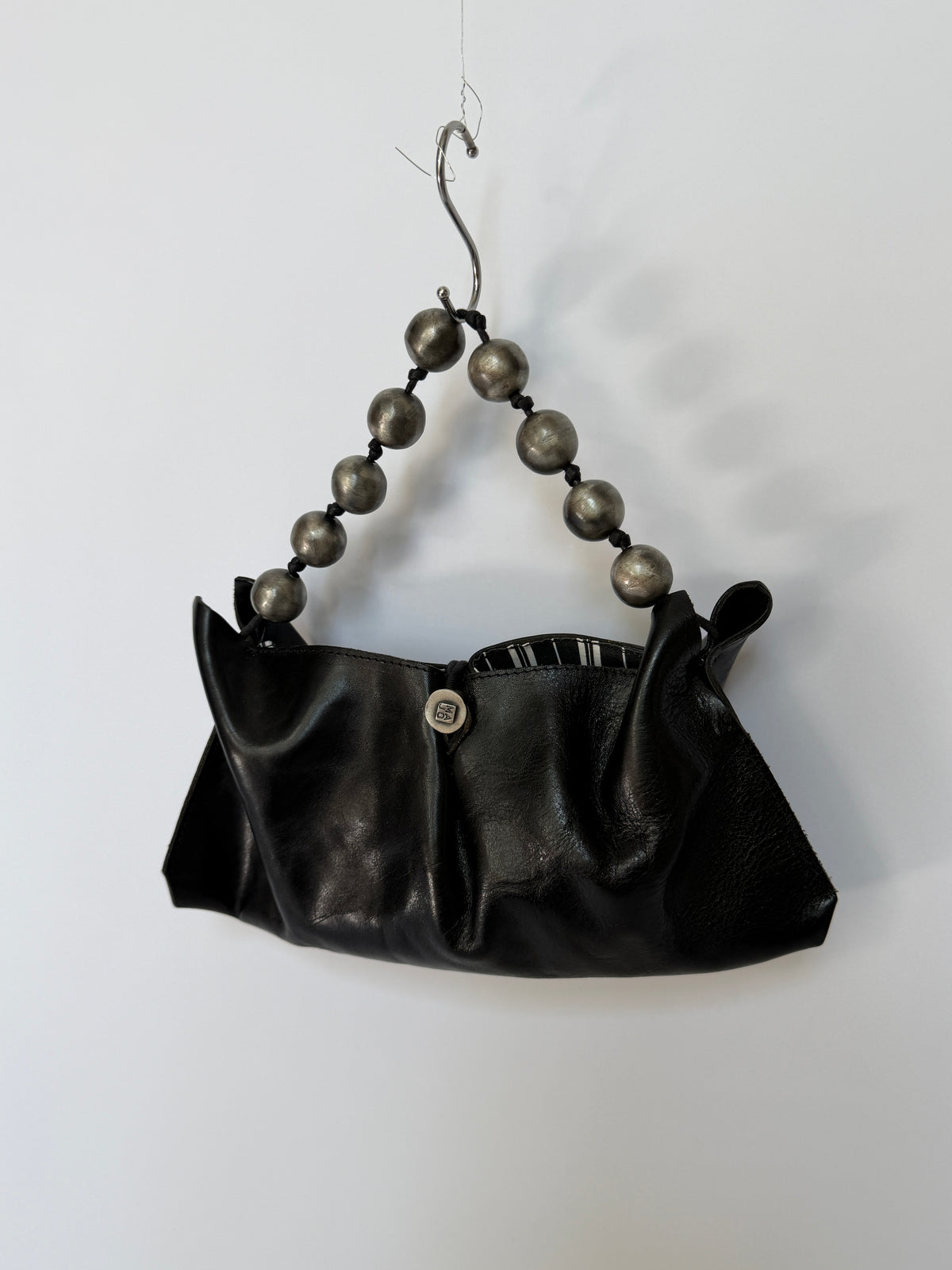 Black Leather Mini Party Bag with Silver Bead Handle