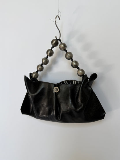 Black Leather Mini Party Bag with Silver Bead Handle