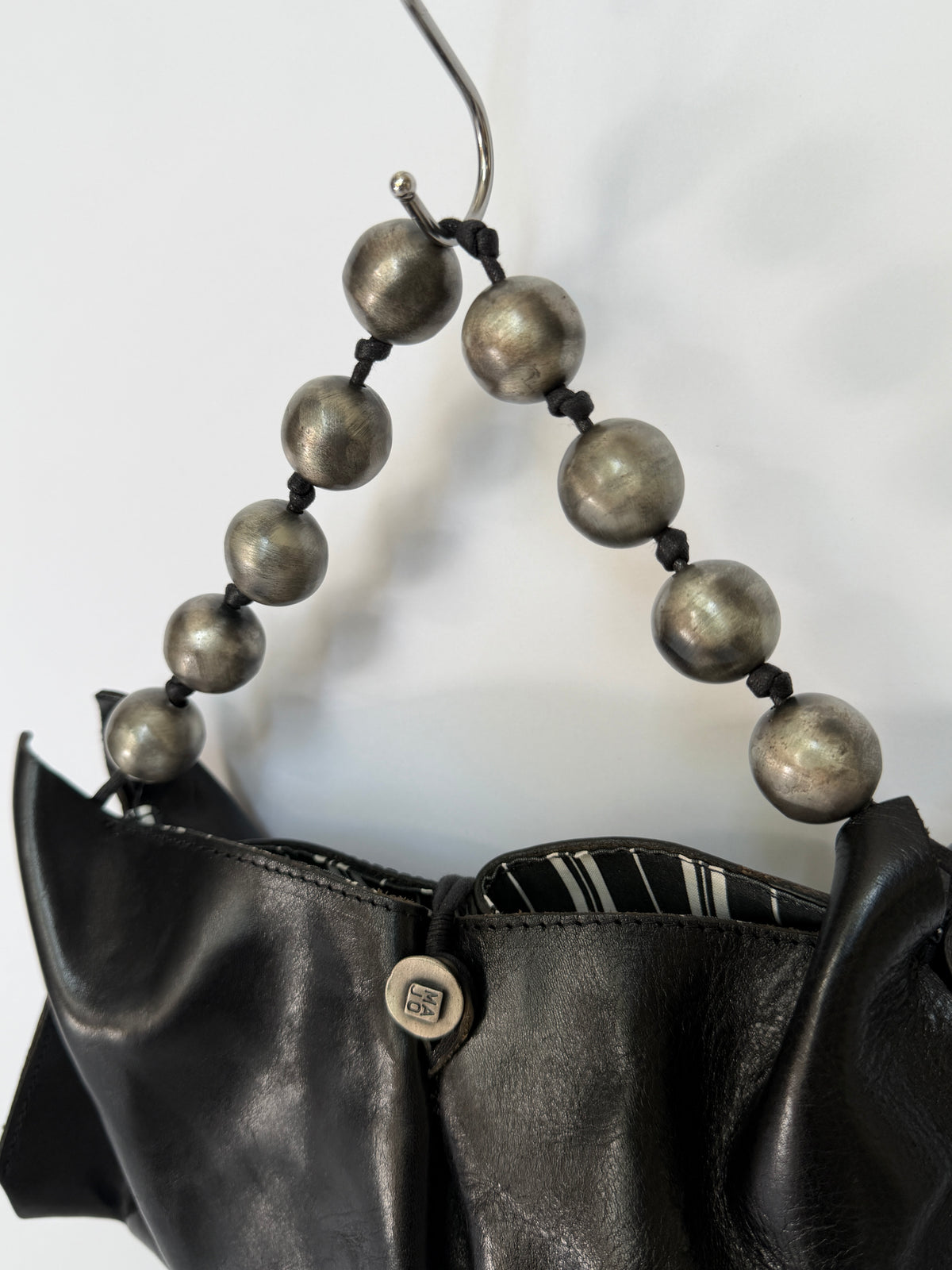 Black Leather Mini Party Bag with Silver Bead Handle