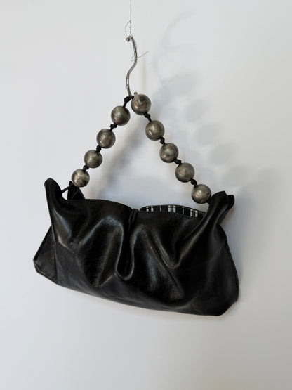 Black Leather Mini Party Bag with Silver Bead Handle