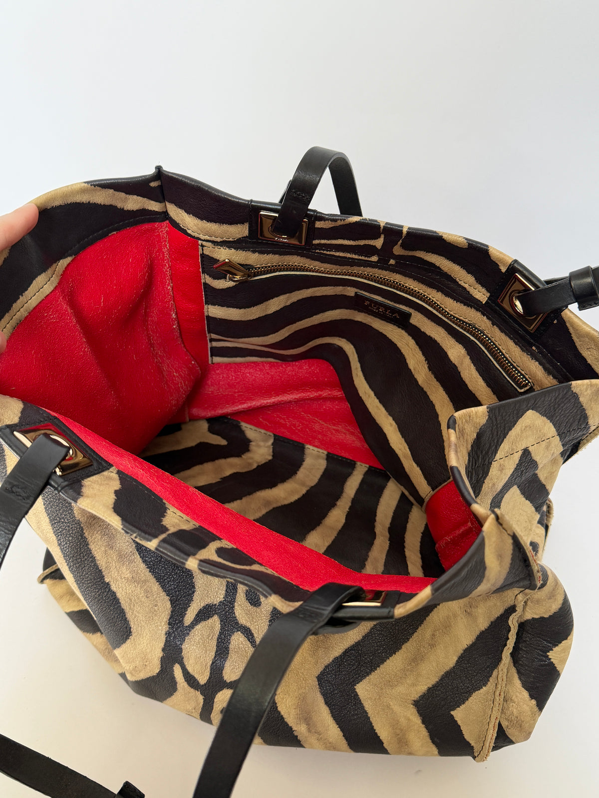 Furla Zebra Print Calf Hair & Leather Tote with Red Lining