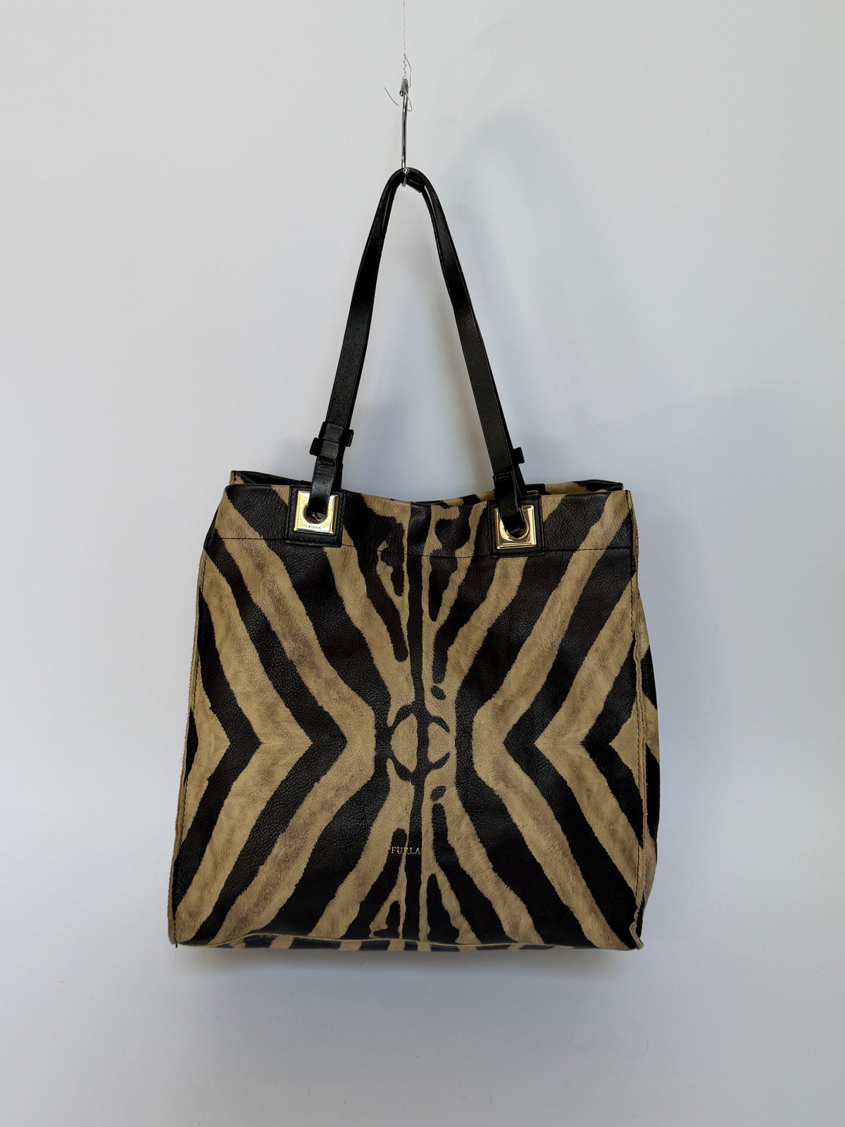 Furla Zebra Print Calf Hair & Leather Tote with Red Lining