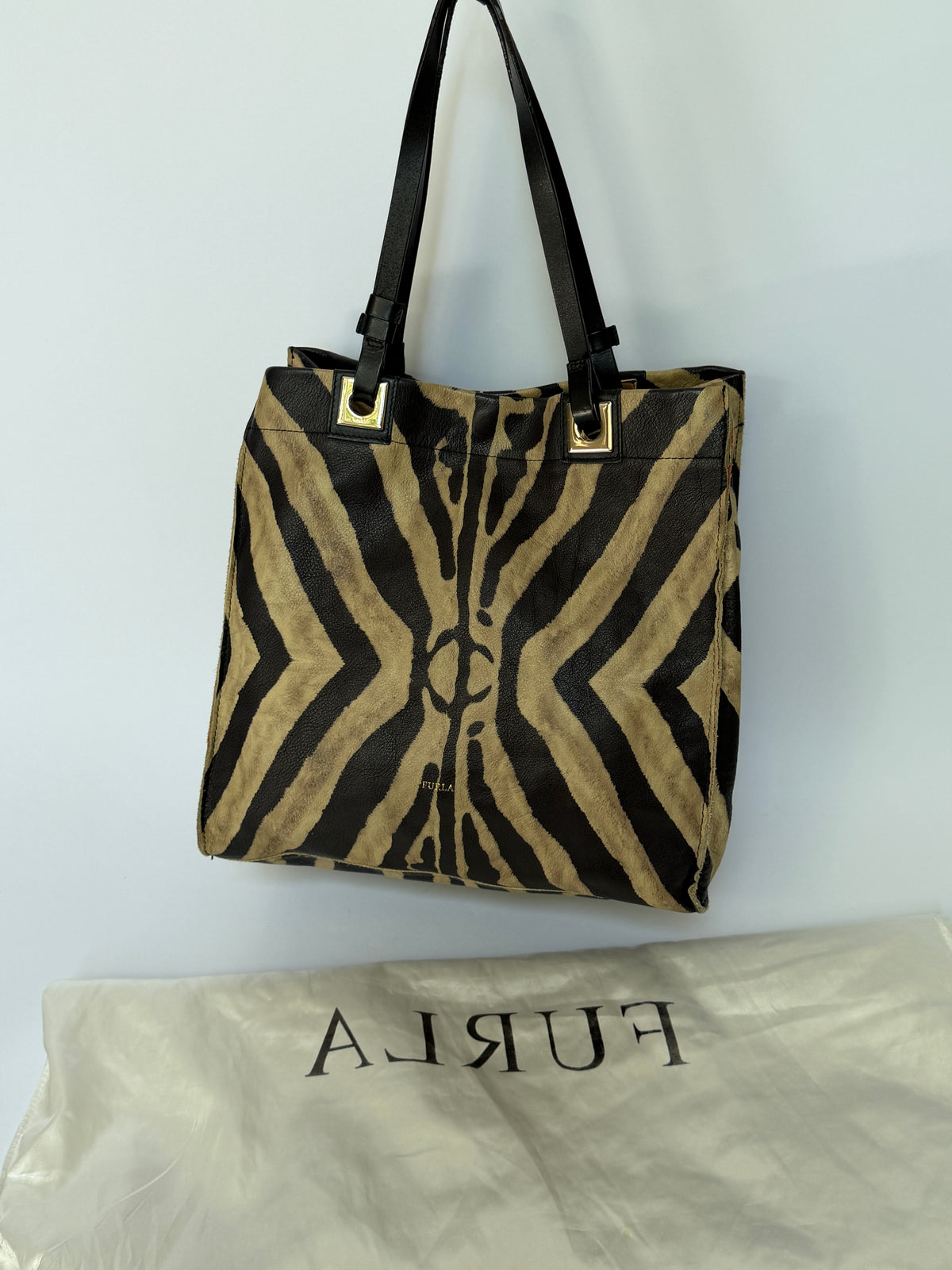 Furla Zebra Print Calf Hair & Leather Tote with Red Lining