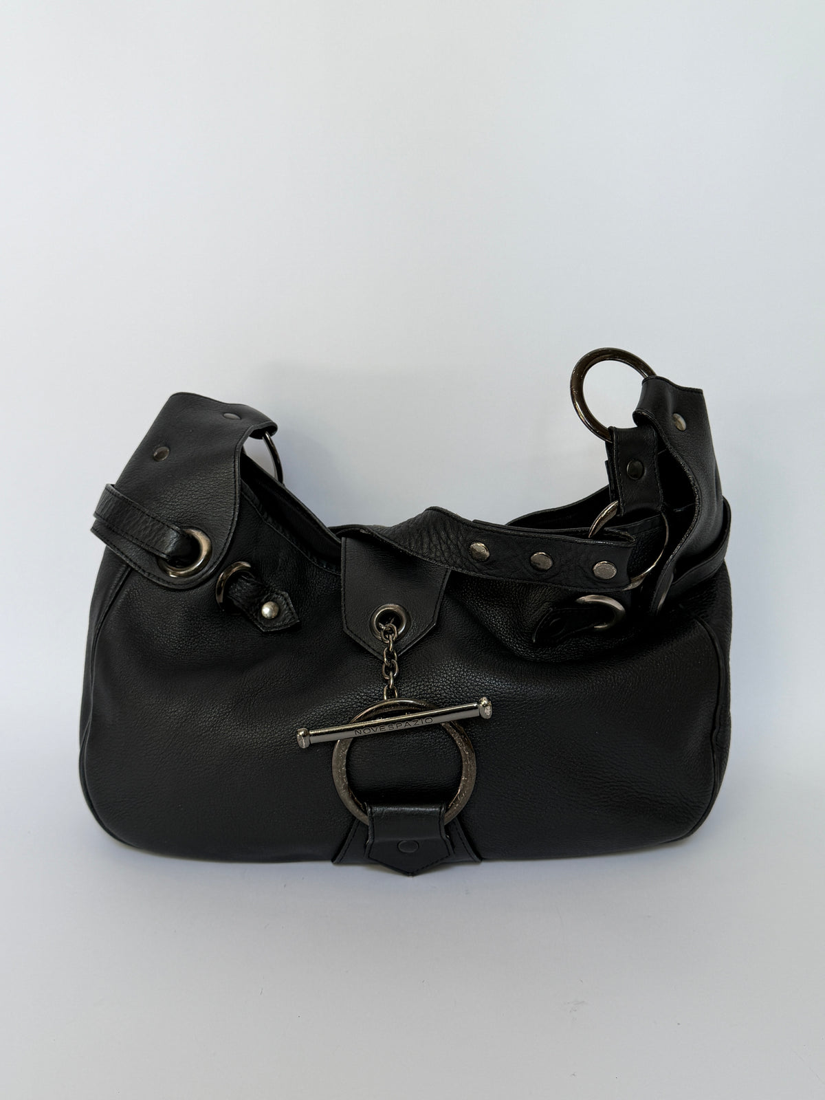 Black Leather Slouchy Hobo Bag with O Ring Strap