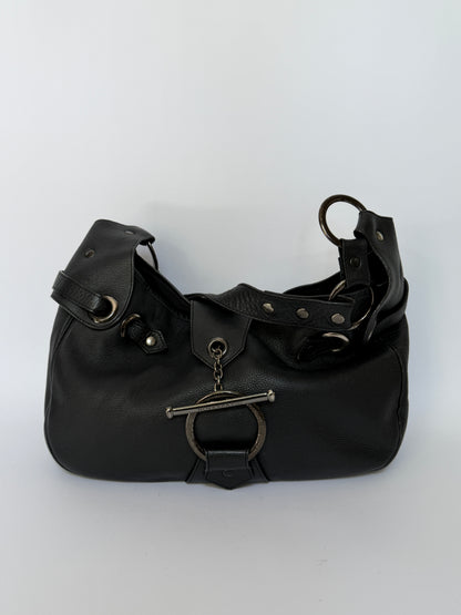 Black Leather Slouchy Hobo Bag with O Ring Strap