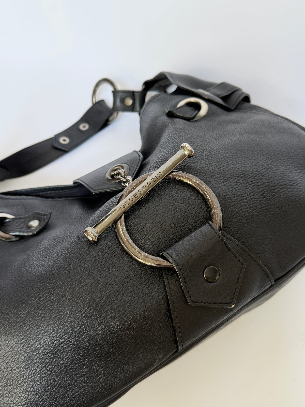 Black Leather Slouchy Hobo Bag with O Ring Strap