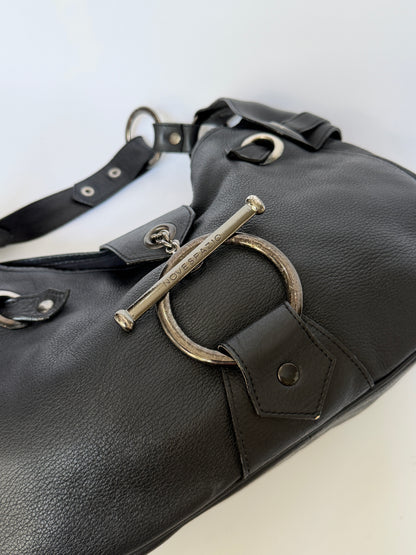 Black Leather Slouchy Hobo Bag with O Ring Strap