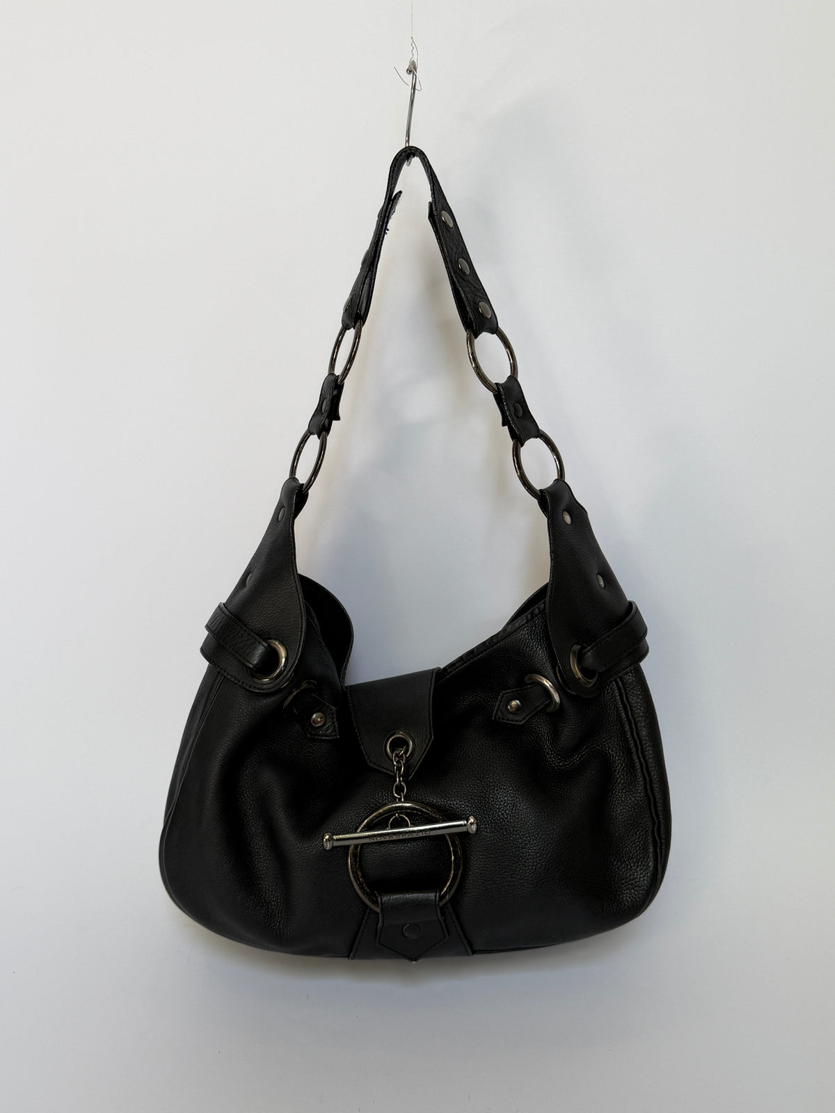 Black Leather Slouchy Hobo Bag with O Ring Strap