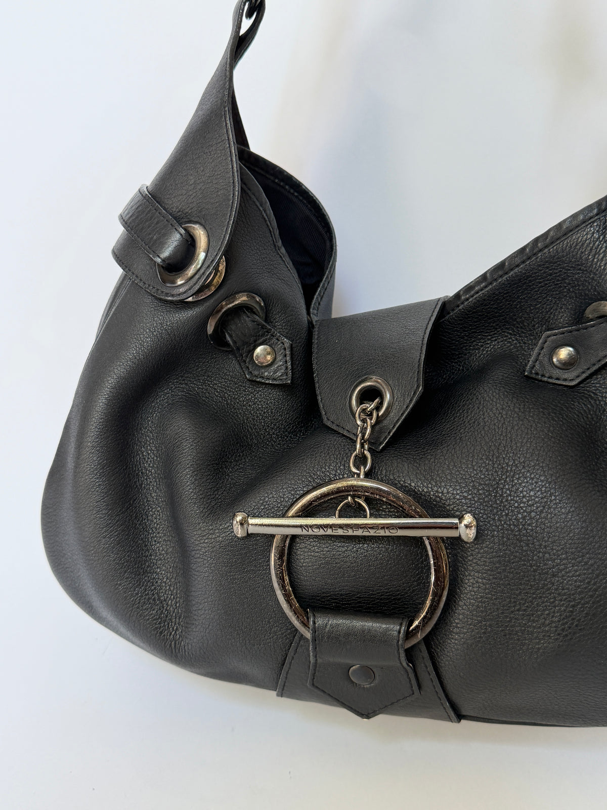 Black Leather Slouchy Hobo Bag with O Ring Strap