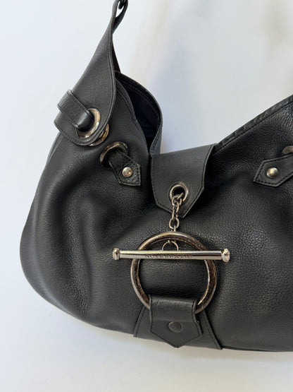 Black Leather Slouchy Hobo Bag with O Ring Strap