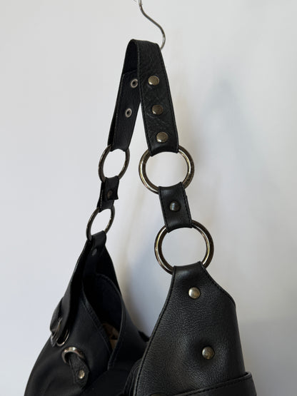 Black Leather Slouchy Hobo Bag with O Ring Strap