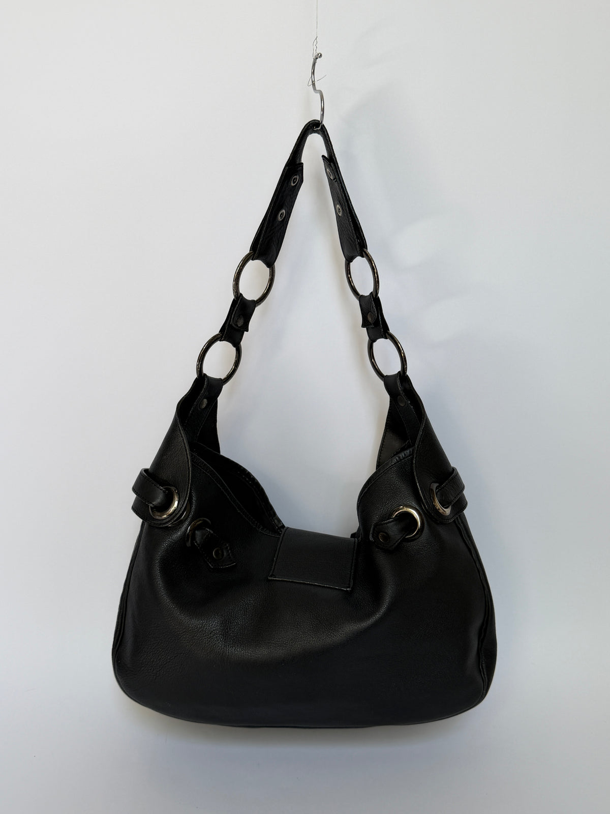 Black Leather Slouchy Hobo Bag with O Ring Strap
