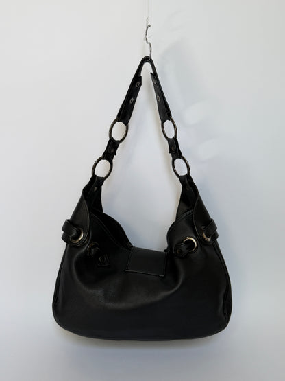 Black Leather Slouchy Hobo Bag with O Ring Strap