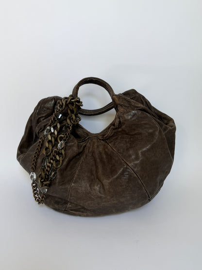 Distressed Leather Hobo Bag with Chain Detail