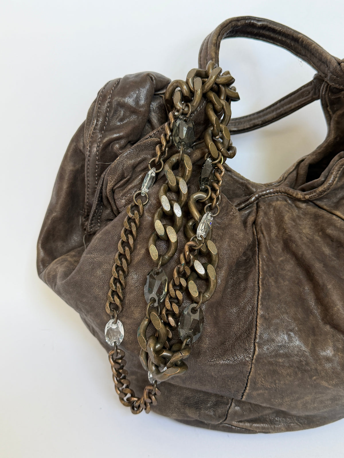Distressed Leather Hobo Bag with Chain Detail