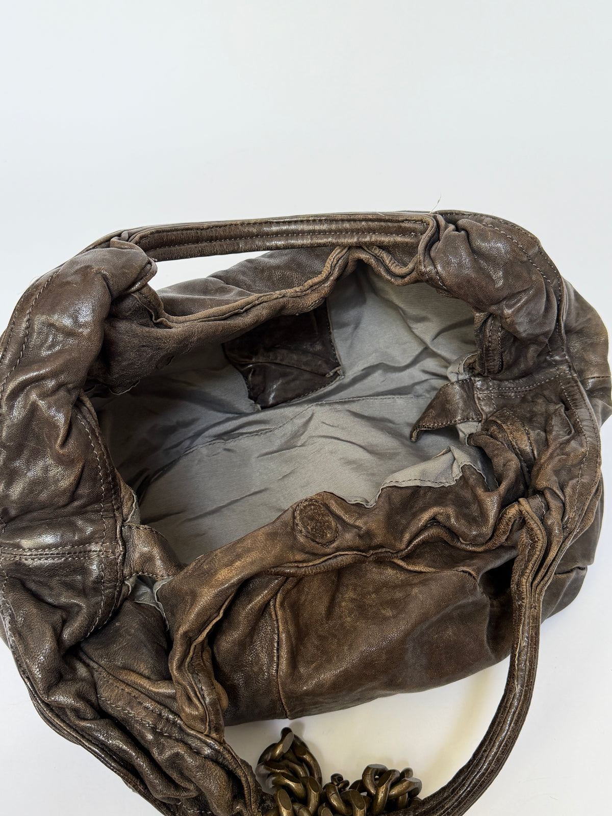 Distressed Leather Hobo Bag with Chain Detail