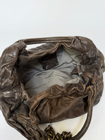 Distressed Leather Hobo Bag with Chain Detail