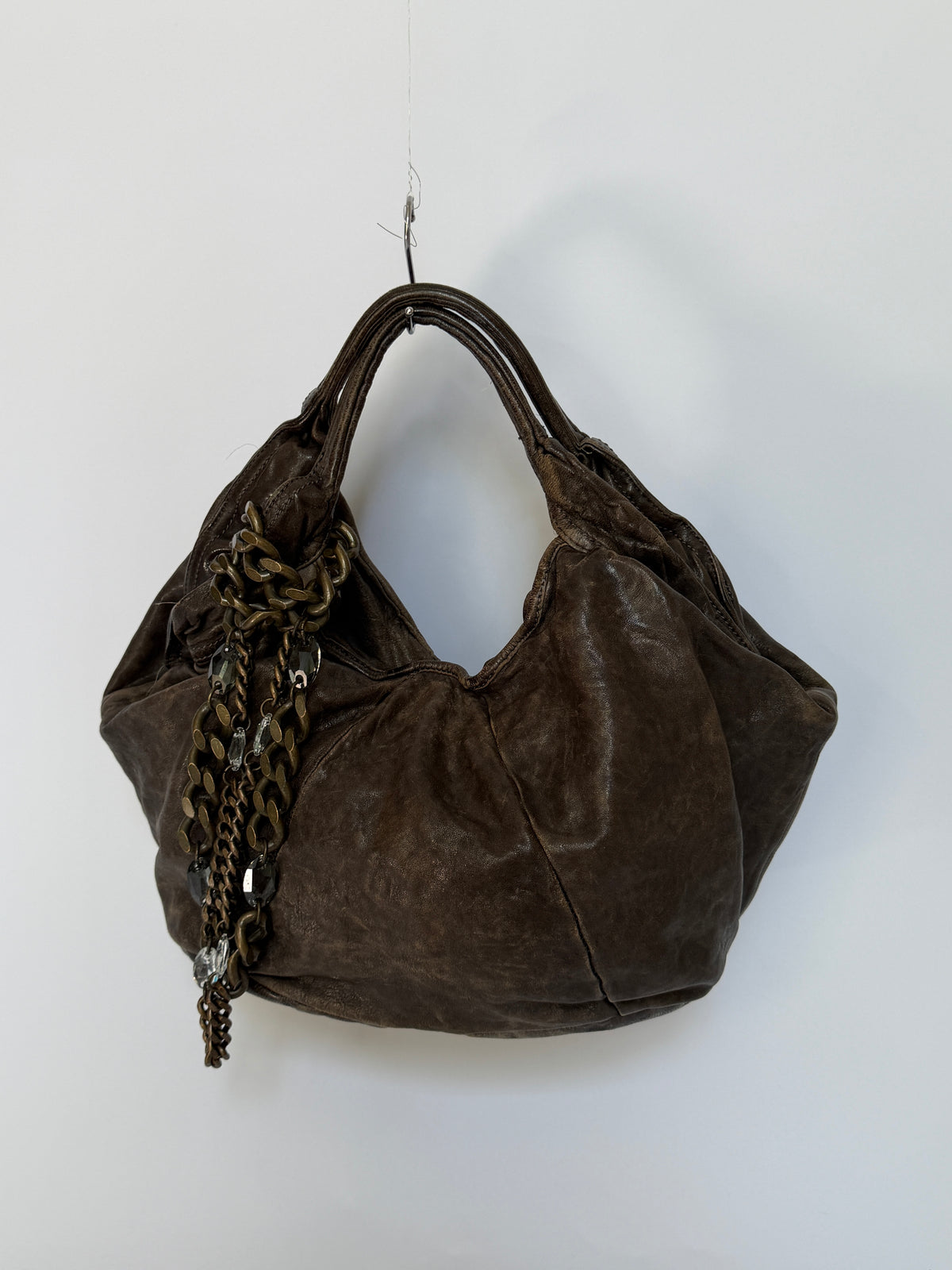 Distressed Leather Hobo Bag with Chain Detail
