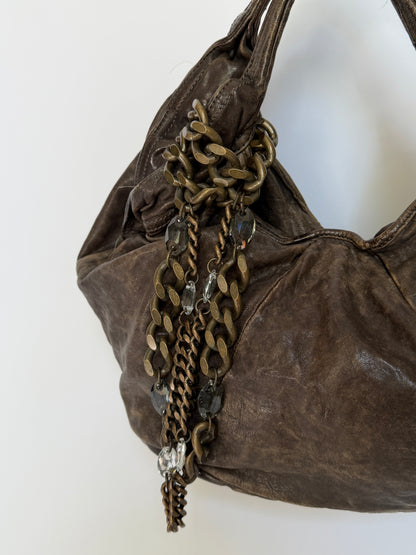 Distressed Leather Hobo Bag with Chain Detail