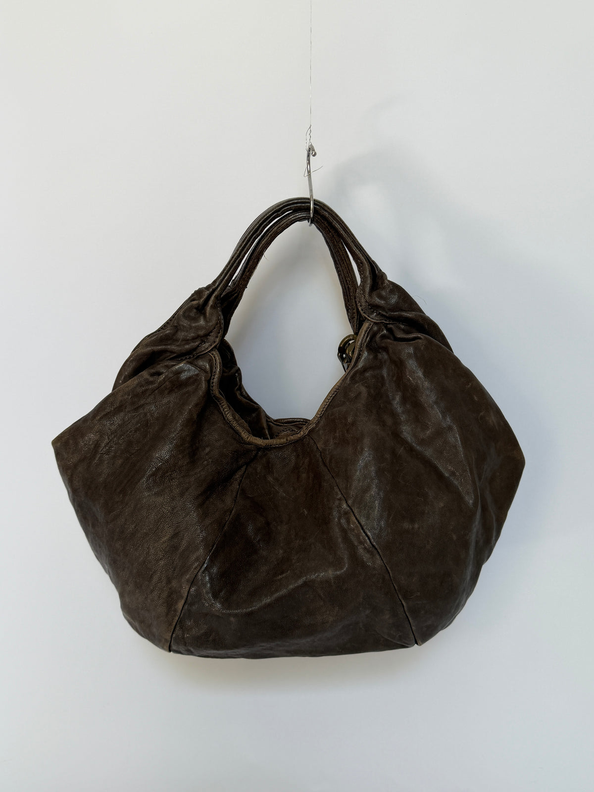 Distressed Leather Hobo Bag with Chain Detail