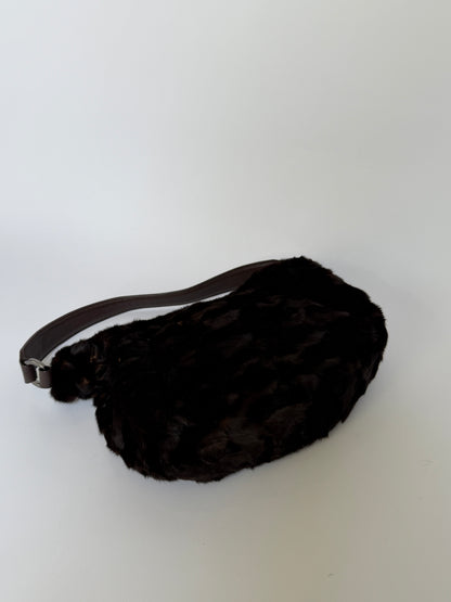 Dark Brown Genuine Mink Fur & Leather Hobo Bag