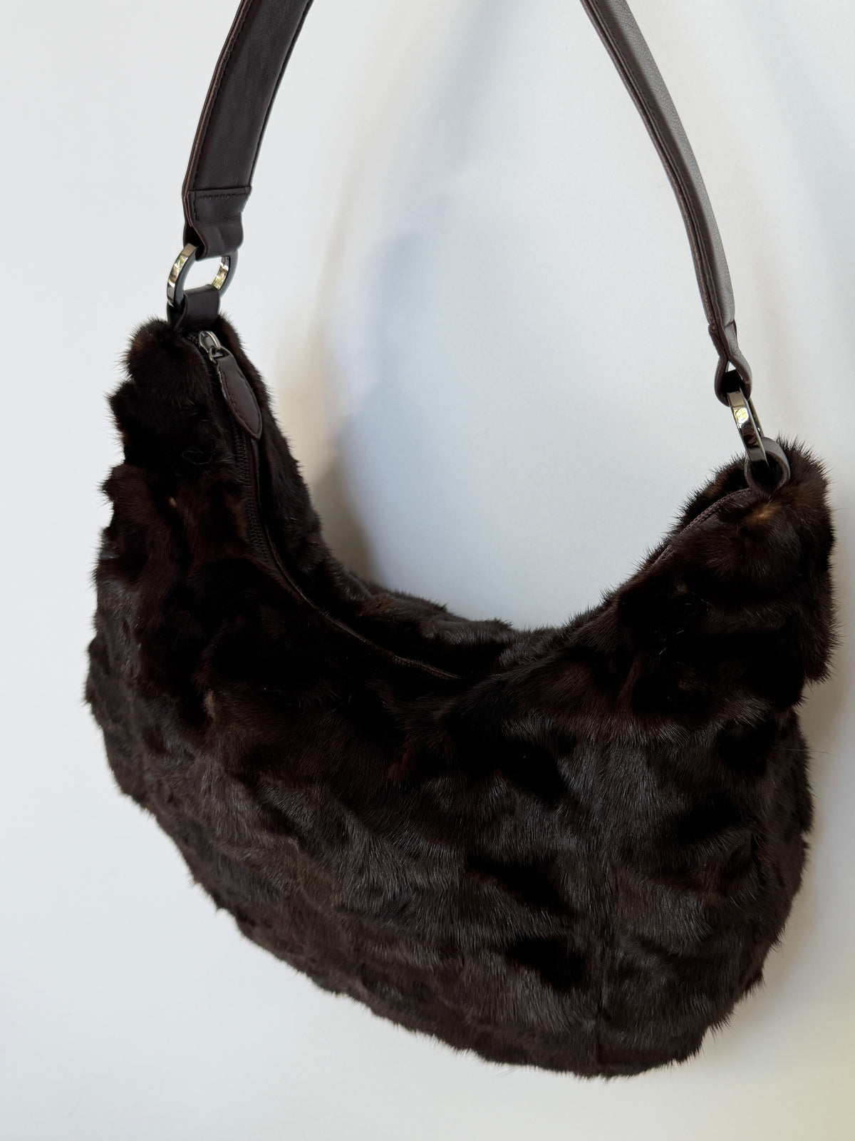 Dark Brown Genuine Mink Fur & Leather Hobo Bag