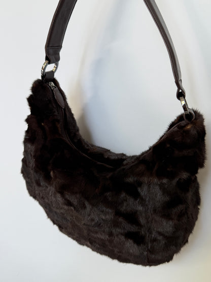Dark Brown Genuine Mink Fur & Leather Hobo Bag