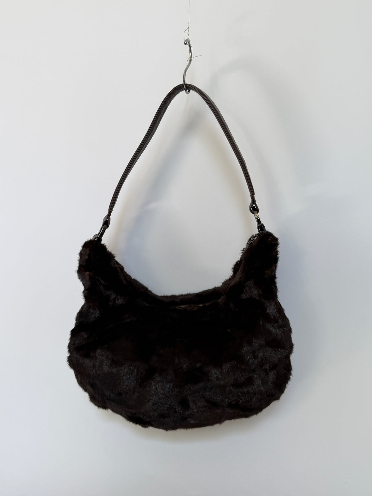 Dark Brown Genuine Mink Fur & Leather Hobo Bag