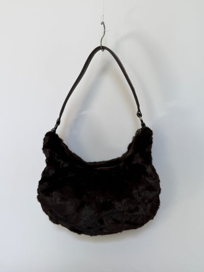 Dark Brown Genuine Mink Fur & Leather Hobo Bag