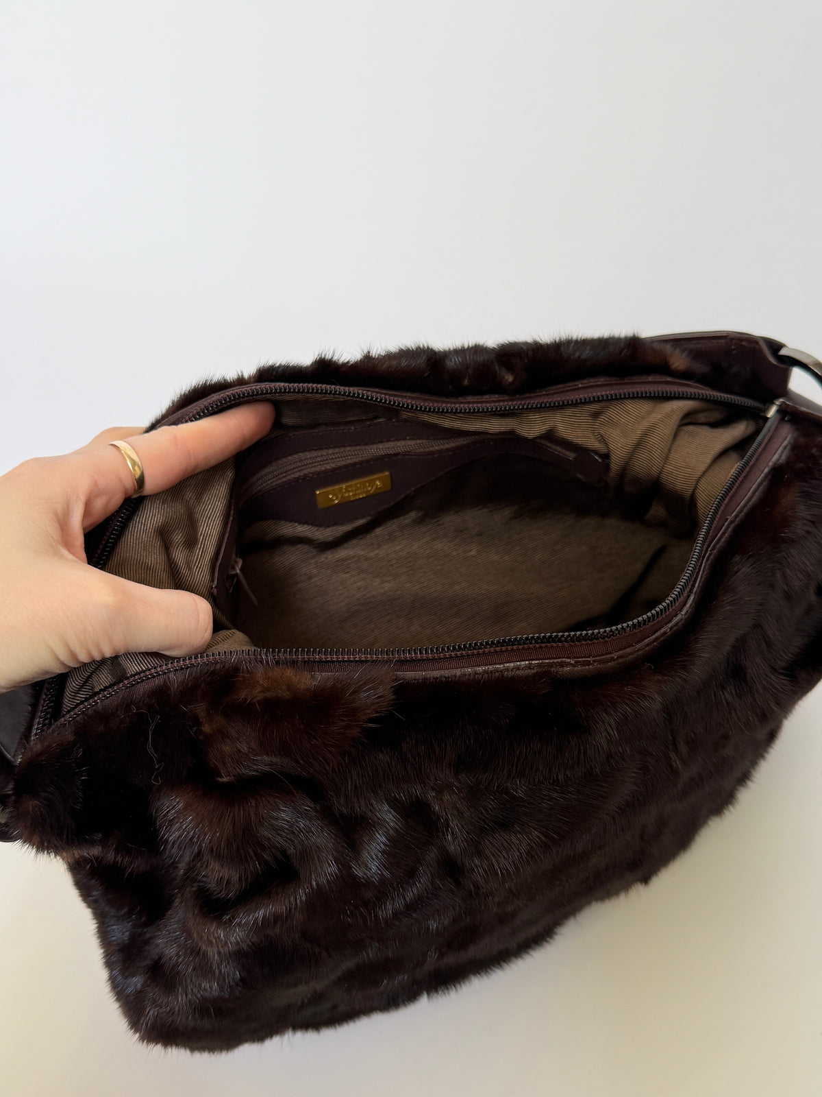 Dark Brown Genuine Mink Fur & Leather Hobo Bag