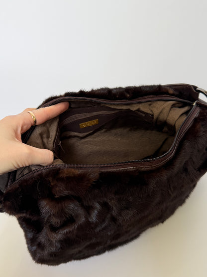 Dark Brown Genuine Mink Fur & Leather Hobo Bag