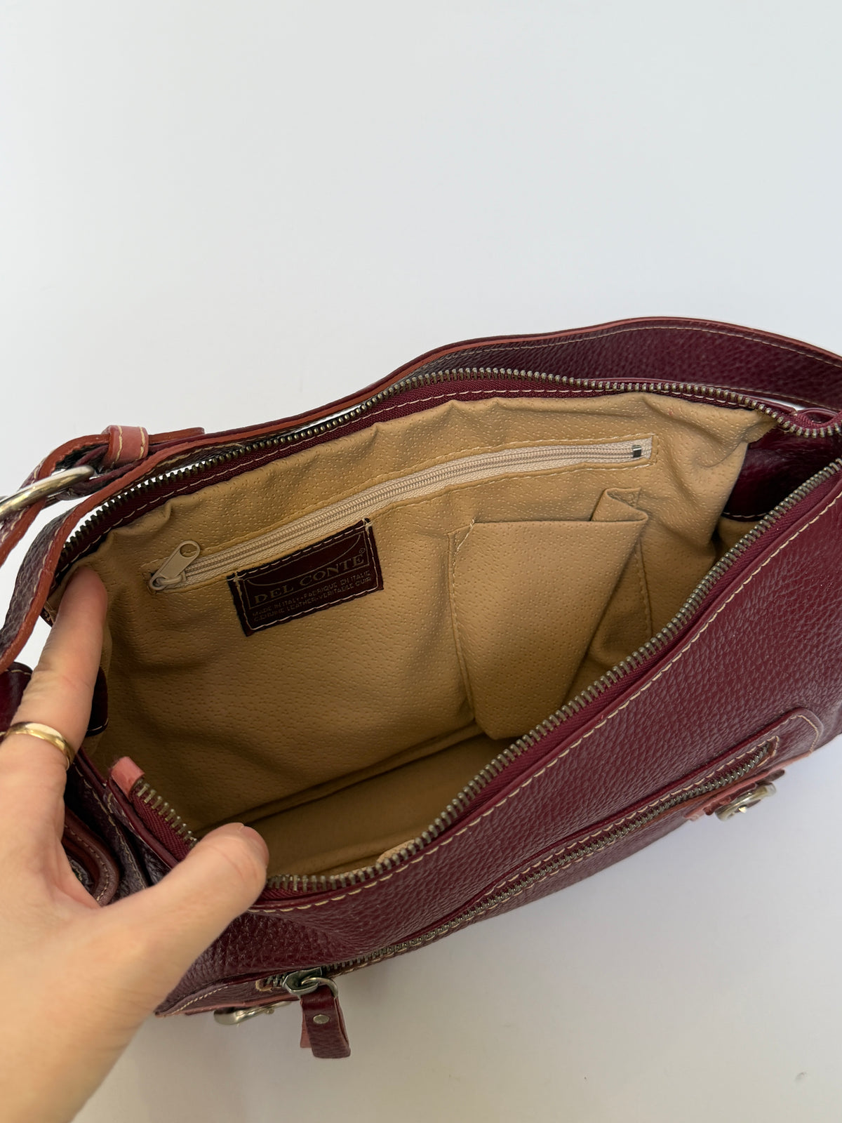 Wine Red Leather Shoulder Bag with Buckle Strap Details
